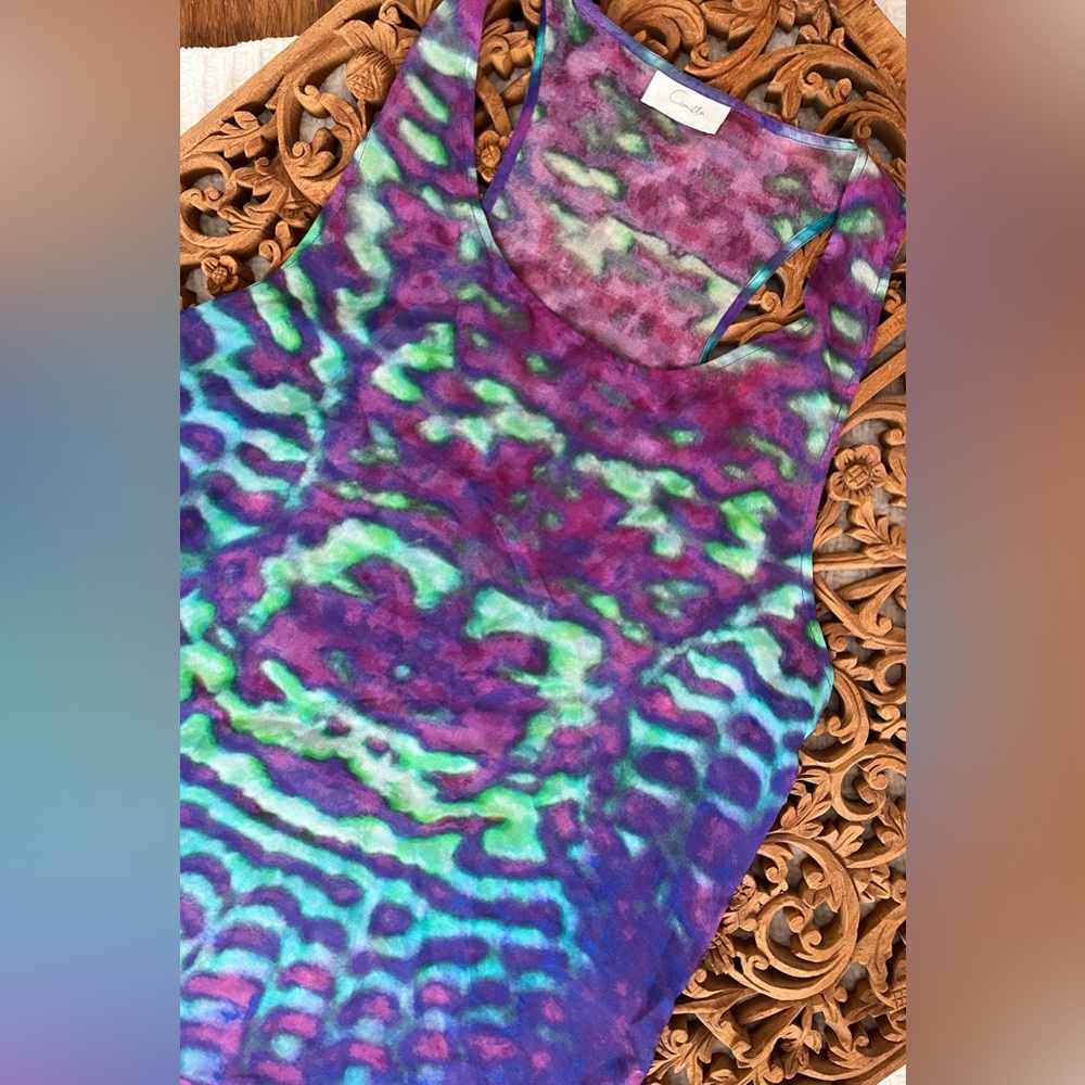 Camilla Top Silky Tank Purple Aqua Tyedye Racerback SZ M